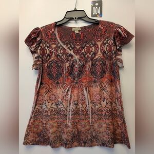 One World Women's Brown Orange Floral Print Button Up Short Sleeve Top Boho Sz L